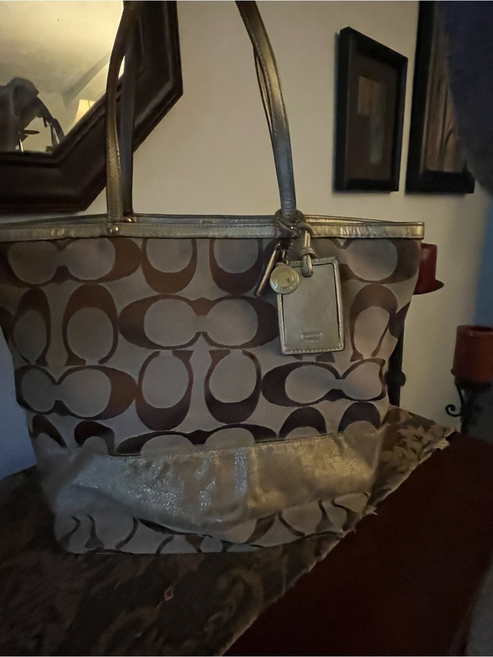 Y2K Vintage Coach , Special edition Signature Tote with Metallic Gold Trim